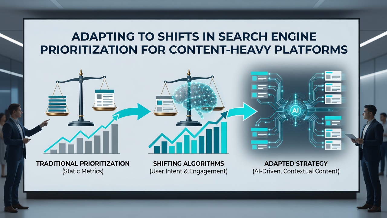 Content platform team reviewing analytics data during search engine prioritization adjustments